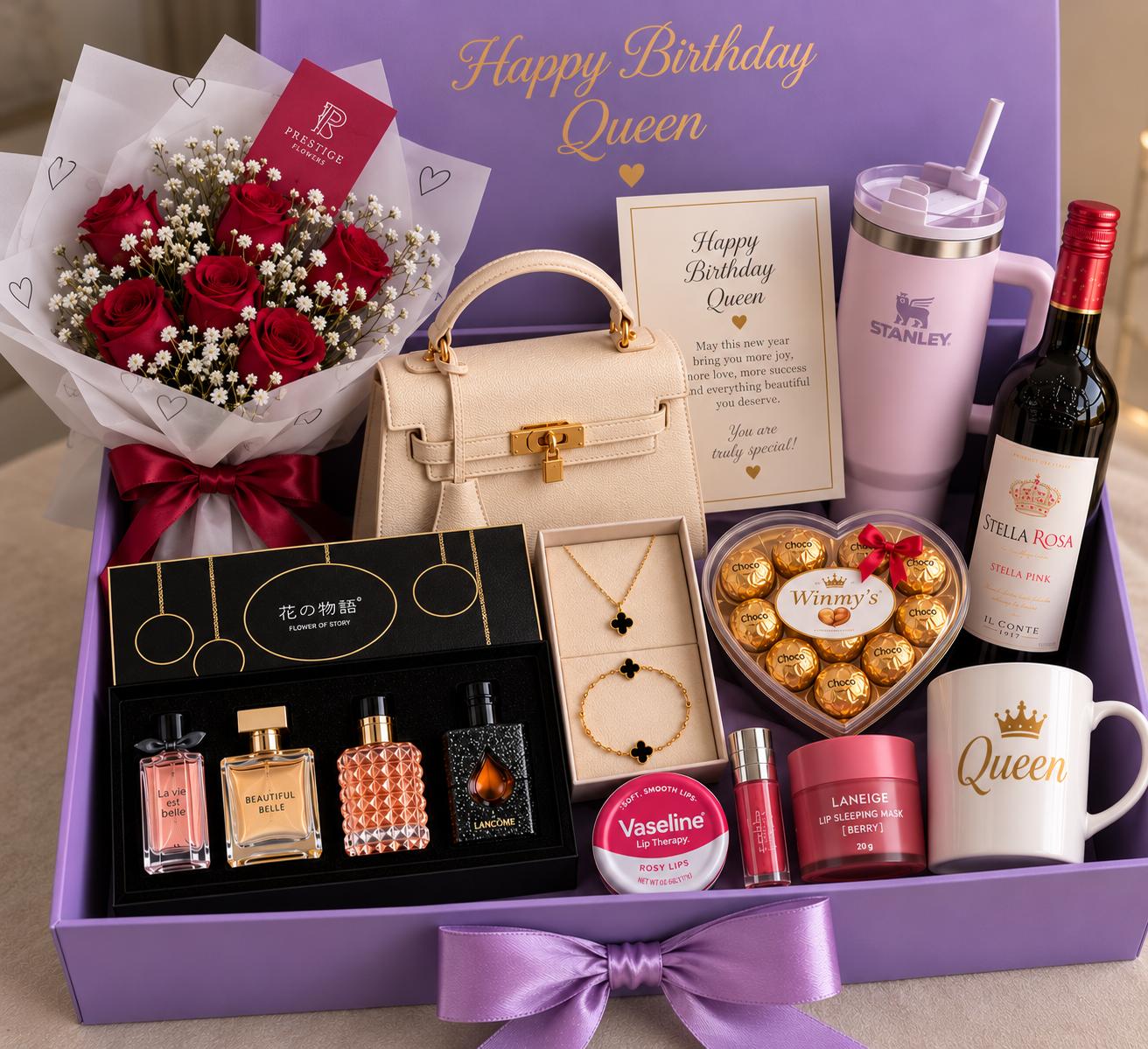 Fresh Flowers, Stanley Cup & Perfume Gift Set for Her