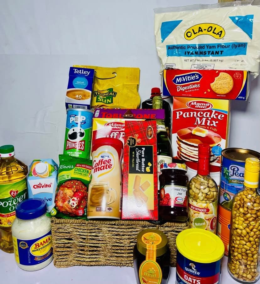 Christmas hamper with 7kg rice, pounded yam, groundnut oil, red oil, pancake mix, Maggi, Bama, jam, honey, oats, Peak milk, Ovaltine, Pringles, coffee, cookies, Chivita and chocolate