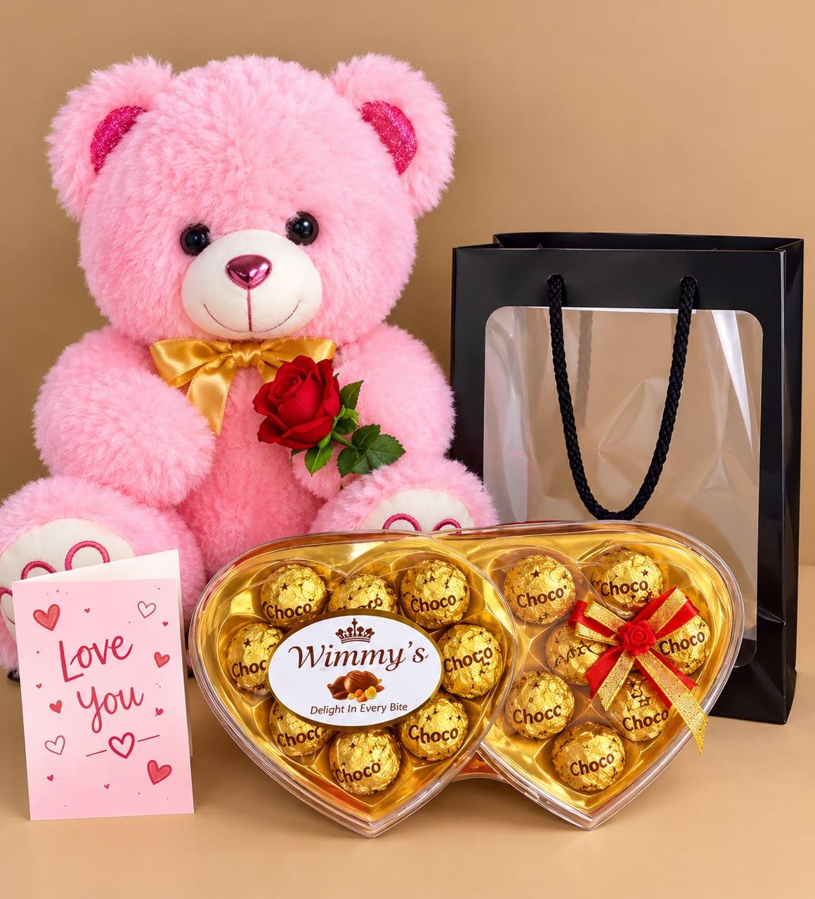 Shop a sweet gift set with a mini teddy, chocolate, card and gift bag from Trelluna. Perfect for birthdays, Valentine’s Day and romantic surprises.