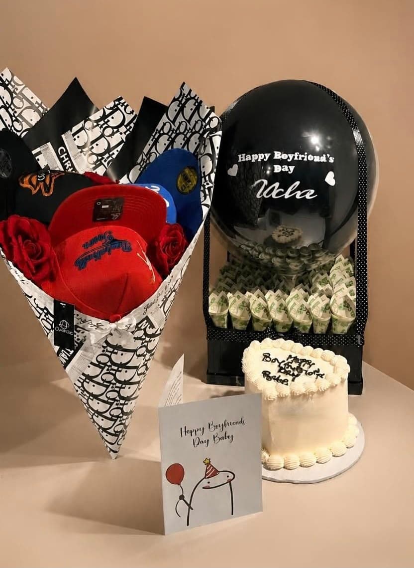 Gift set for him with cake, cap bouquet, hot air balloon with money box and customized card