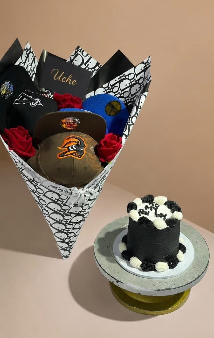 Gift set for him with celebratory cake and stylish cap bouquet