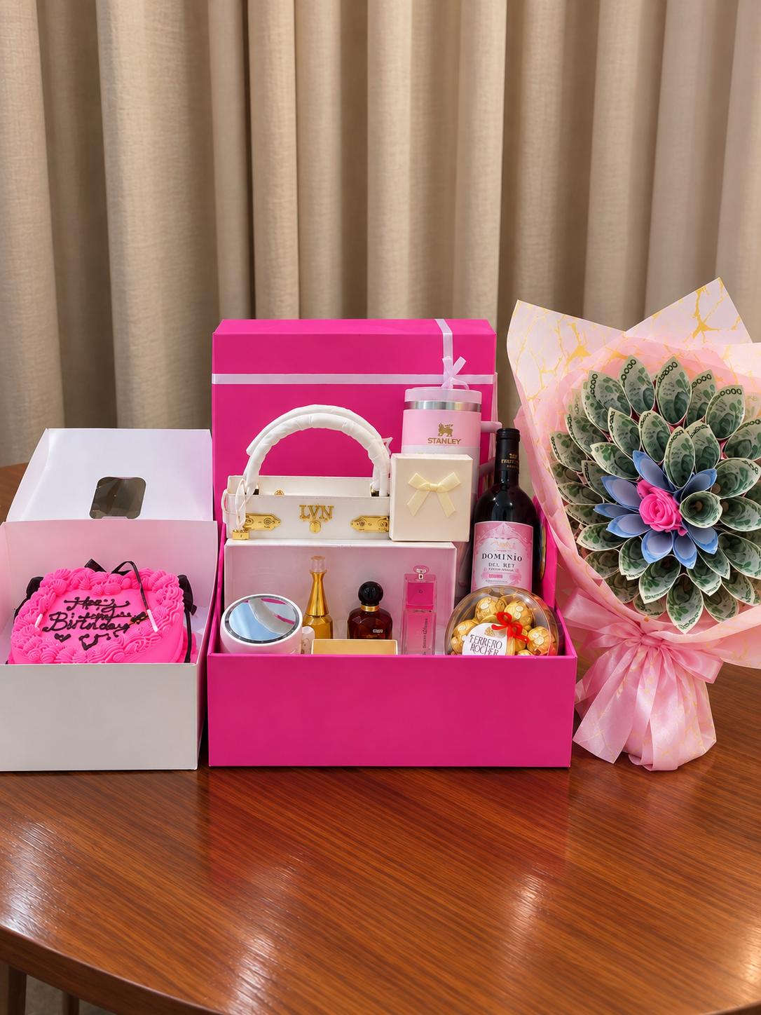 Birthday gift for her with cake, ₦30,000 money bouquet, fashion handbag, Stanley sippy cup, mug, perfume, jewelry, wine and chocolate