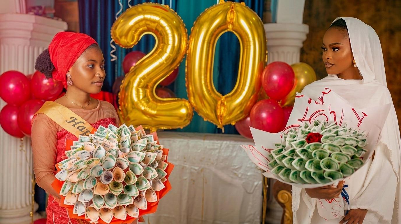 Buy a money bouquet in Nigeria: two women holding naira money bouquets at a 20th birthday celebration