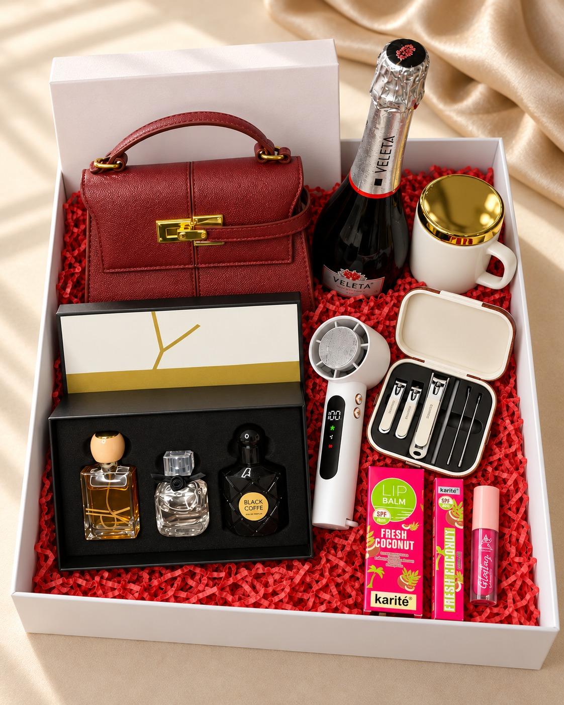 Gift set for her with boxed bag, perfume set, mirror mug, rechargeable hand fan, mini manicure set, lip care products, wine and decor box