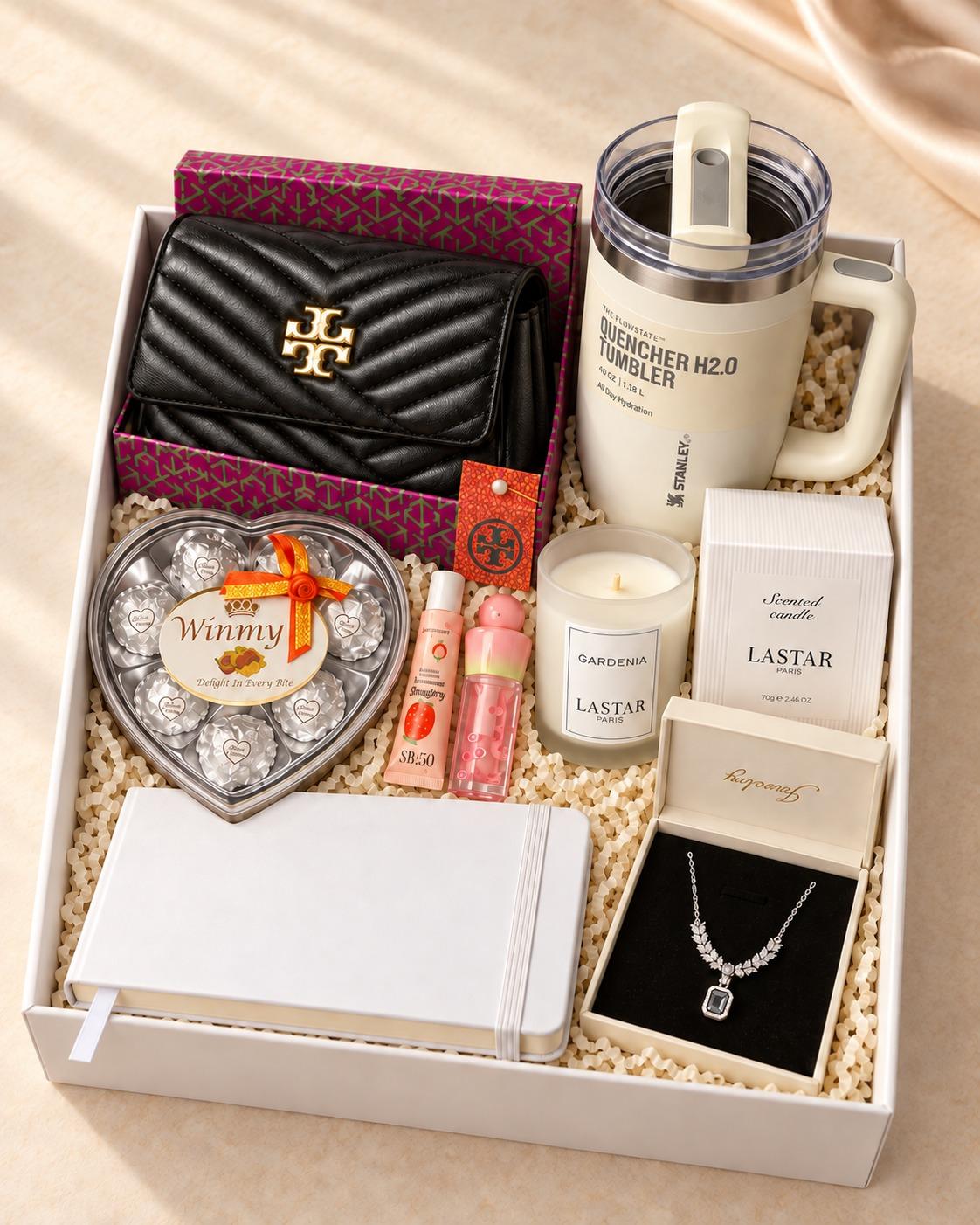 Gift set for her with boxed bag, Stanley sippy cup, necklace, journal, scented candle, chocolate, lip care and decor box