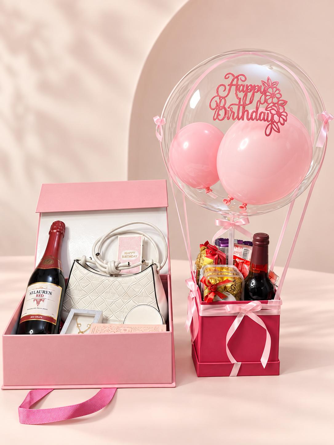 Gift set for her with hot air balloon treat, handbag, necklace, perfume, wine and card in a decor box
