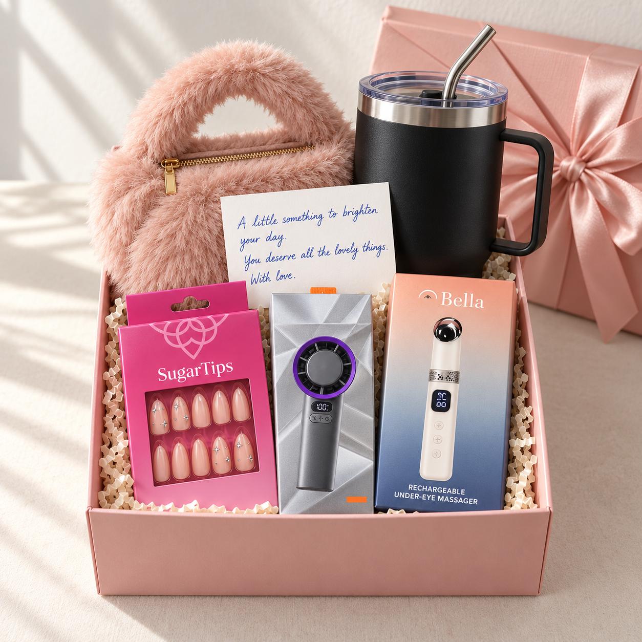 Shop a cute gift set for her with a fluffy purse, press-on nails, sippy cup, rechargeable hand fan, under-eye massager and handwritten card from Trelluna.