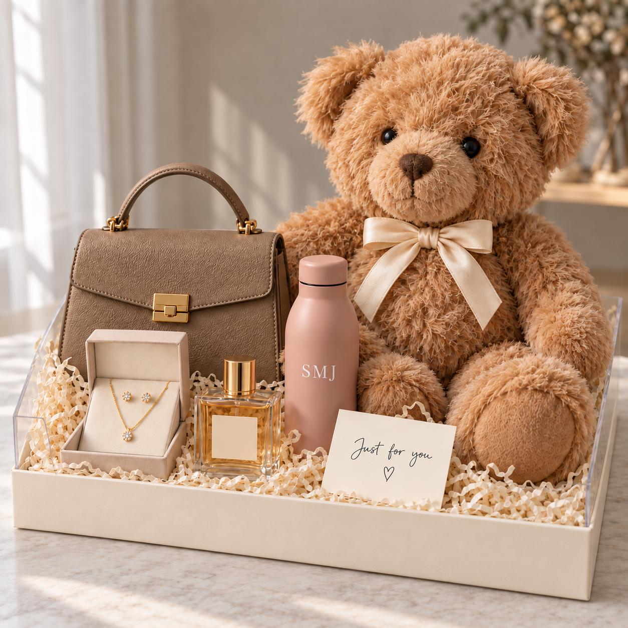 Gift set for her with quality handbag, customized matte bottle, necklace and earrings, perfume, mini teddy bear, handwritten card and transparent decor box