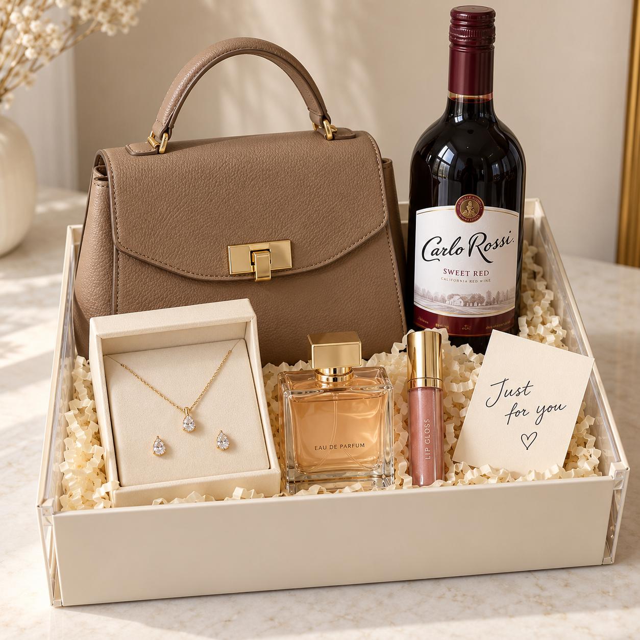 Thank you gift set with handbag, perfume, lip gloss, necklace and earrings, wine, handwritten card and decor box