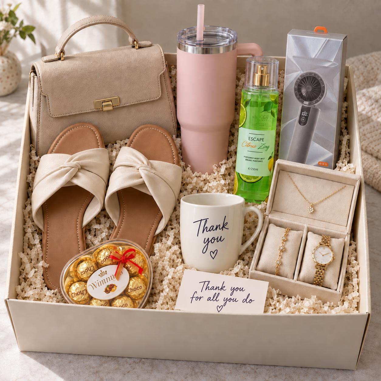 Thank you gift set for her with fashion handbag, slippers, customized mug, body mist, sippy cup, necklace, bracelet, wristwatch and chocolate