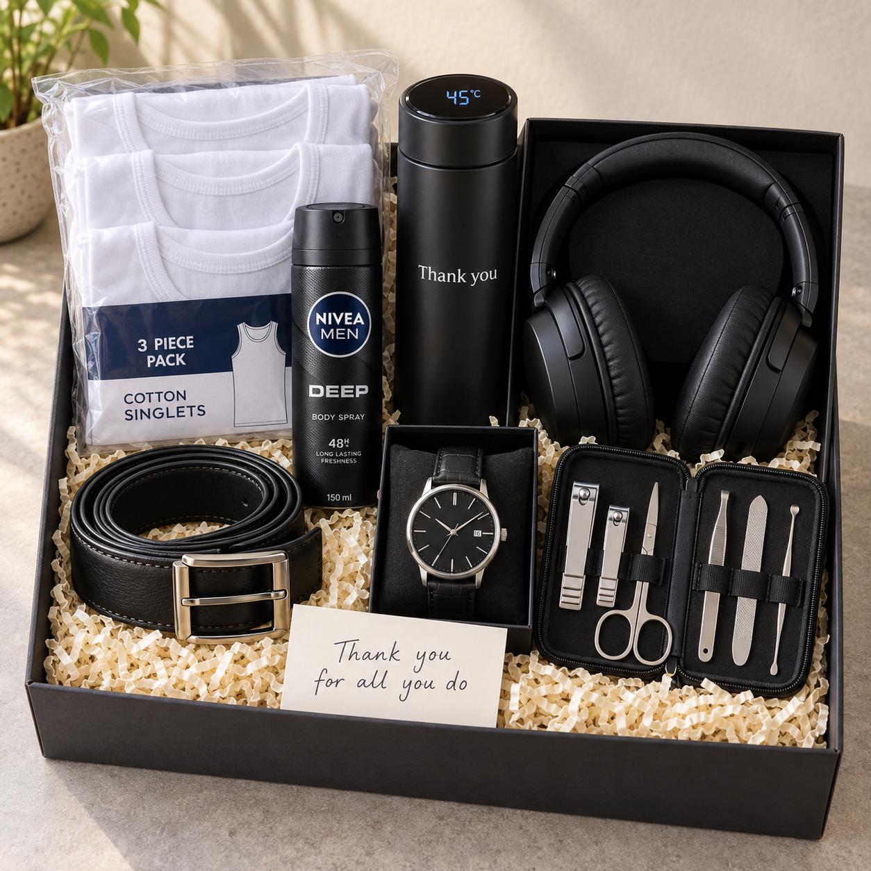 Thank you gift set for him with 3-in-1 singlet, body spray, wristwatch, leather belt, temperature flask, manicure set, headphone and card