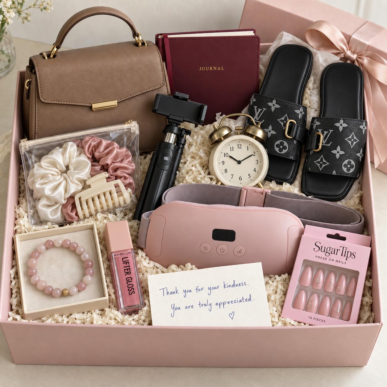 Thank you gift set for her with fashion handbag, slippers, beaded bracelet, selfie stick, alarm clock, menstrual pain relief belt, journal, lip gloss and press-on nails
