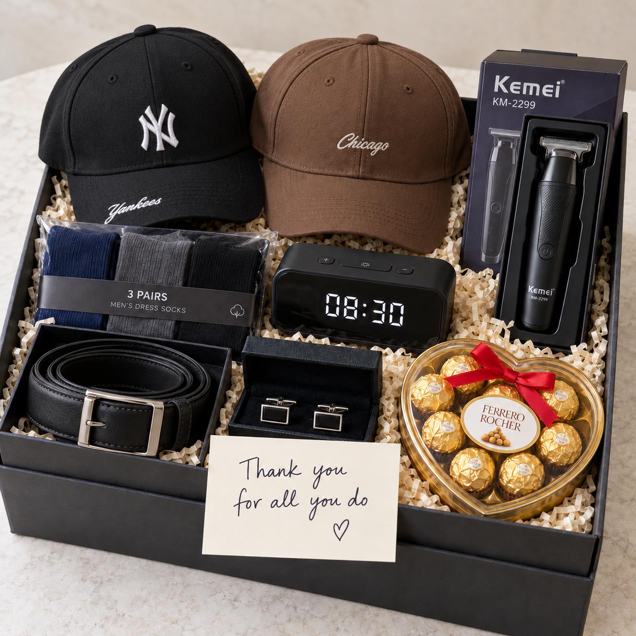 Thank you gift set for him with two caps, cufflinks, alarm clock, socks, leather belt, hair trimmer, chocolate and card