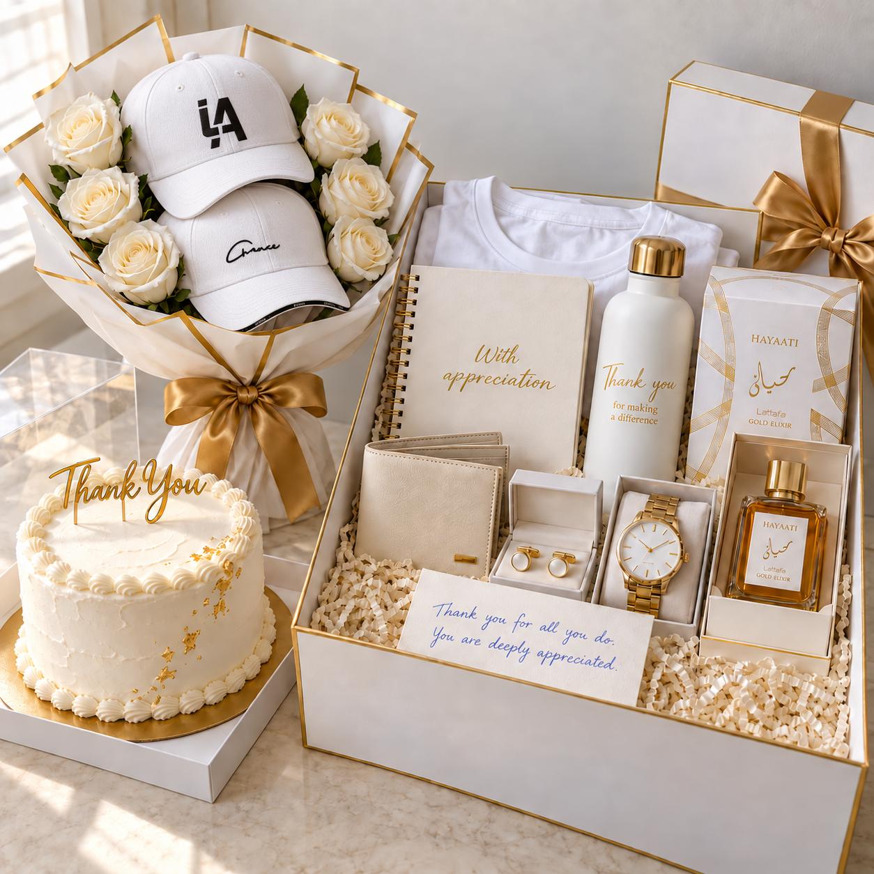 White and gold gift set for him with cake, cap bouquet, wallet, cufflinks, wristwatch, T-shirt, perfume, customized bottle and notepad