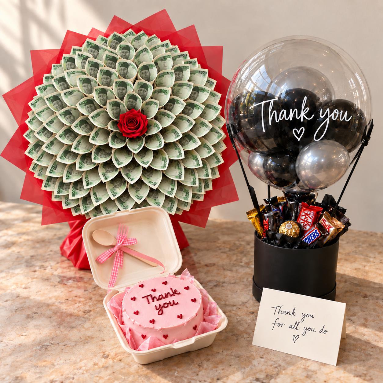 Gift with bento cake, ₦50,000 money bouquet, hot air balloon treat and handwritten card