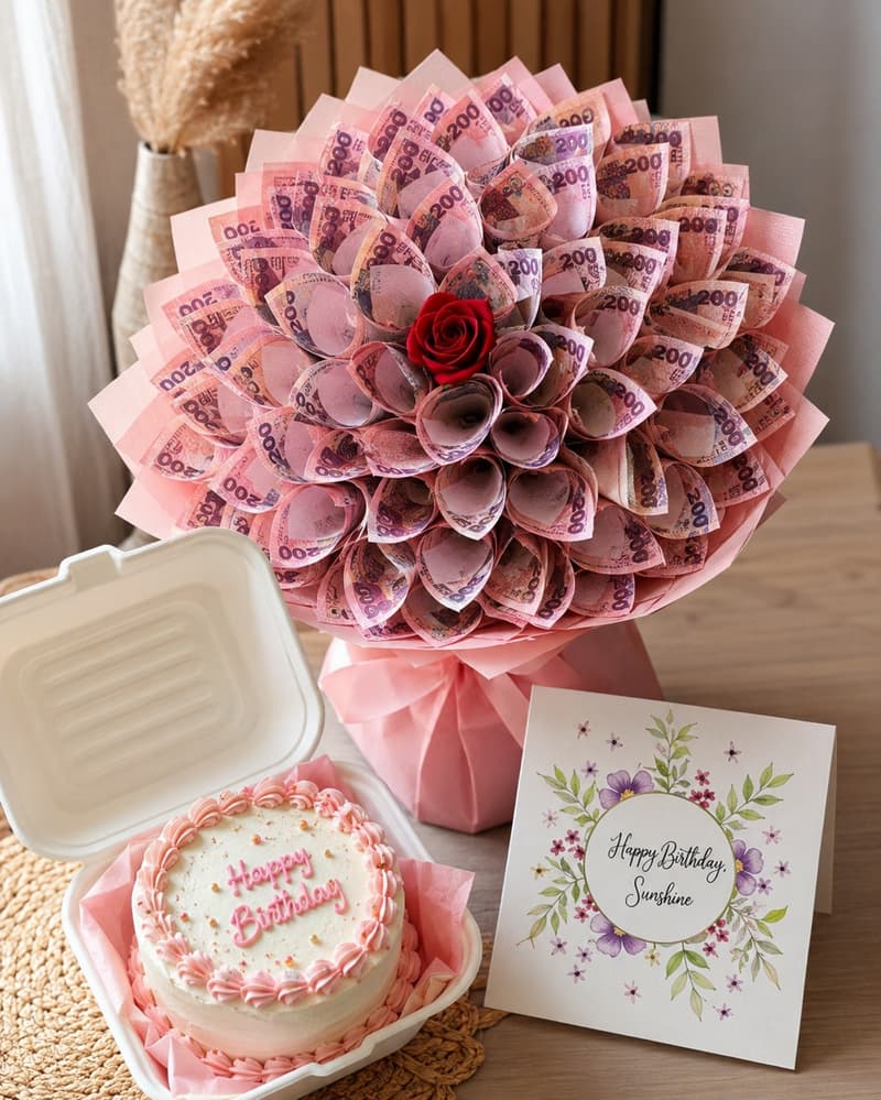 Trelluna ₦20,000 money bouquet with bento cake and customised card
