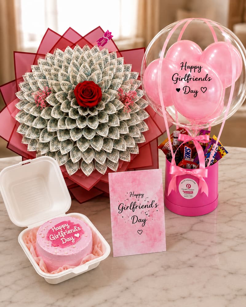 Trelluna For Her ₦50,000 money bouquet with hot air balloon treats, bento cake and customized card