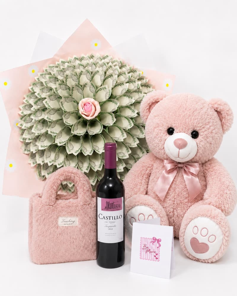 Trelluna For Her gift package with 80cm teddy bear, ₦50,000 money bouquet, fashion handbag, red wine and customized card