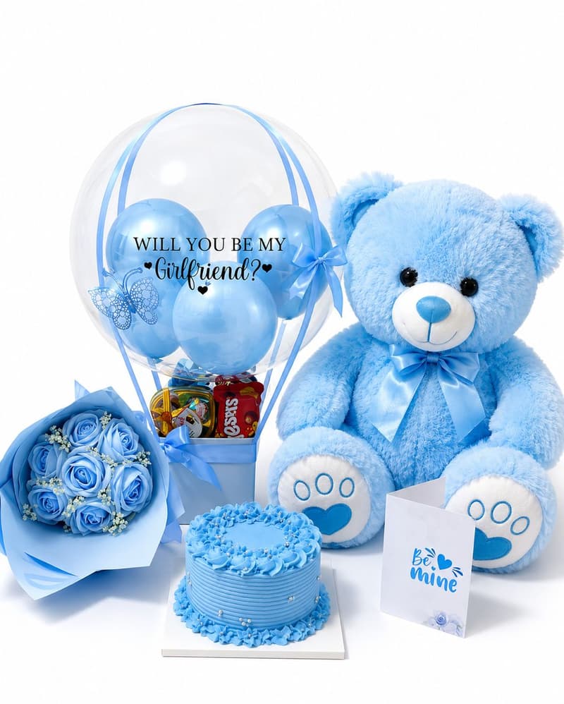 Trelluna For Her gift package with cake, 100cm teddy bear, faux flower bouquet, hot air balloon treats and customized card