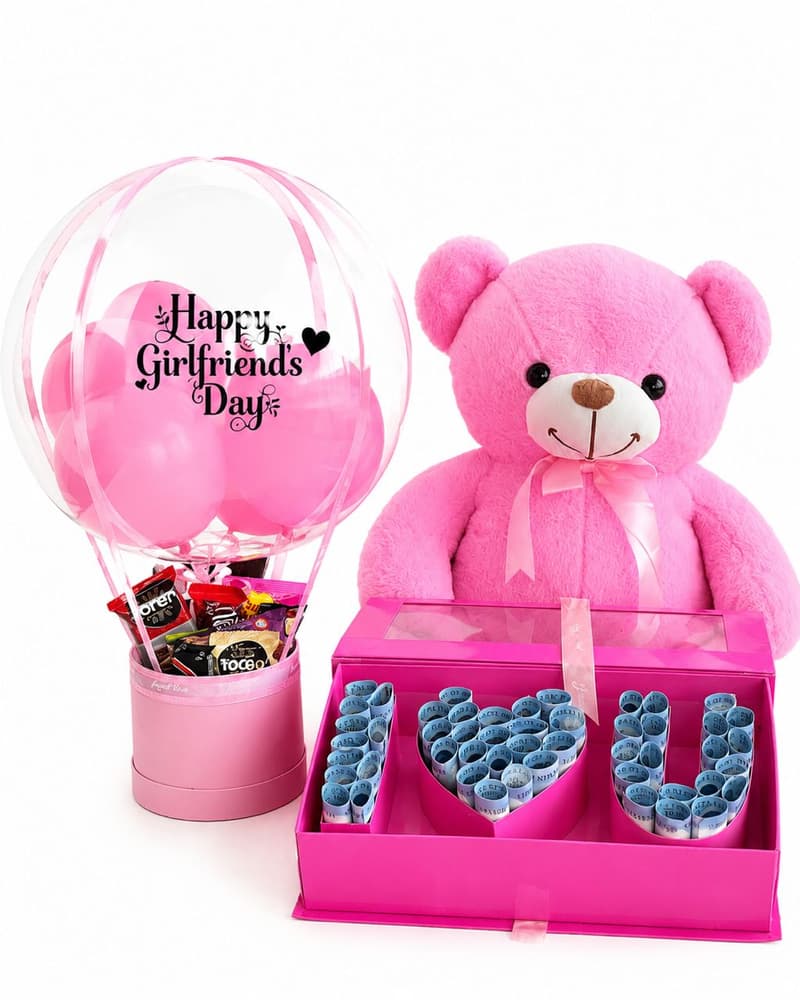 Trelluna For Her gift package with 80cm teddy bear, I Love You money box and hot air balloon treats