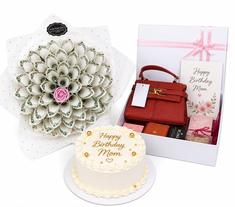 ₦200k luxury gift package for her with cake, ₦50,000 money bouquet, fashion handbag, necklace, earrings, wallet and customized themed card