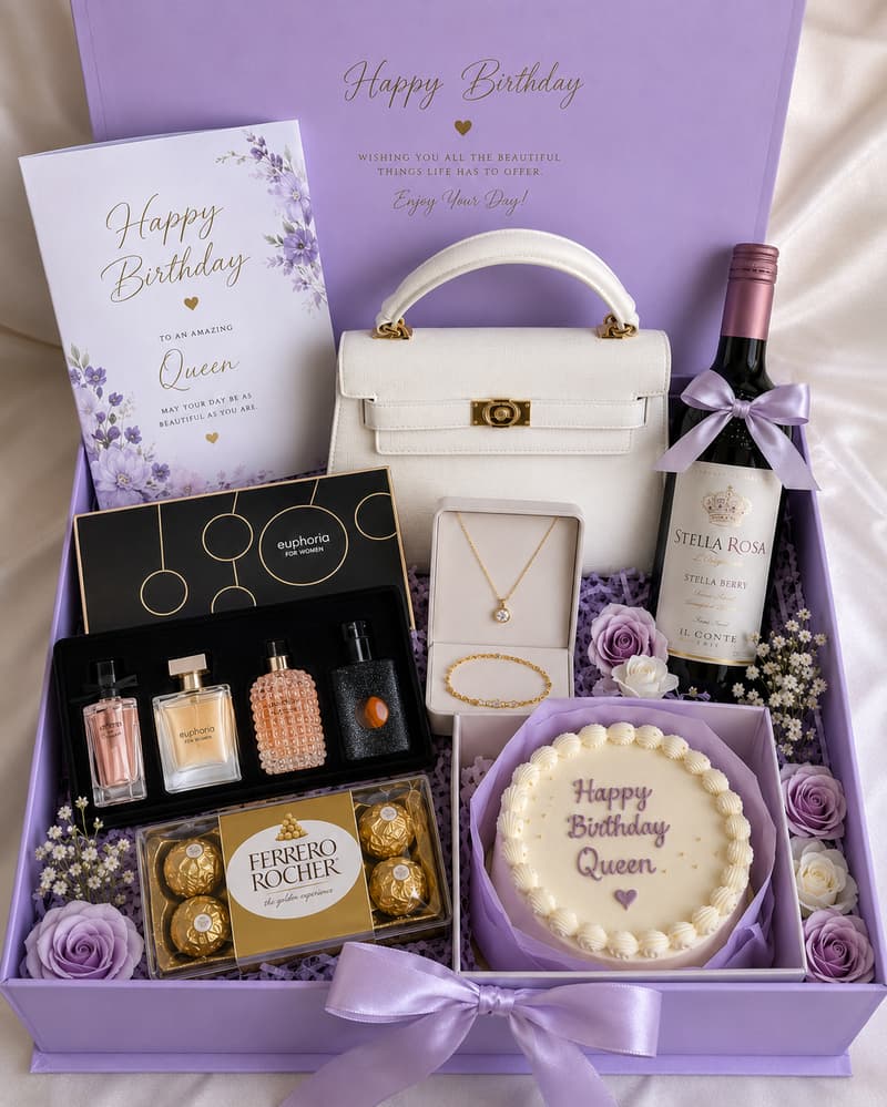 Birthday gift set for her with fashion handbag, perfume, bracelet and necklace, chocolates, bento cake, wine and personalised birthday card