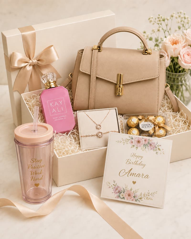 Order a gift set for her with a fashion handbag, Kaly perfume, bracelet and necklace, chocolates, personalised card, decor box and sippy cup from Trelluna in Lagos.
