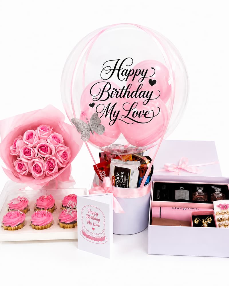 Hot air balloon treat for her with 6 cupcakes, faux rose bouquet, perfume set, customized temperature flask, purse, jewelry and hair accessories