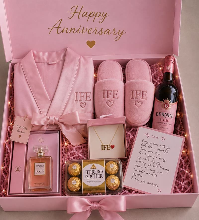 Gift set for her with pink customized robe, fluffy indoor slippers, perfume, customized necklace, wine, chocolate, handwritten letter and decor box