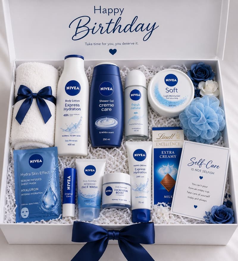Nivea skincare gift set with face sheet, towel and sponge, body cream, hand cream, face cream, face wash, moisturizer, roll-on, lip balm, chocolate and card