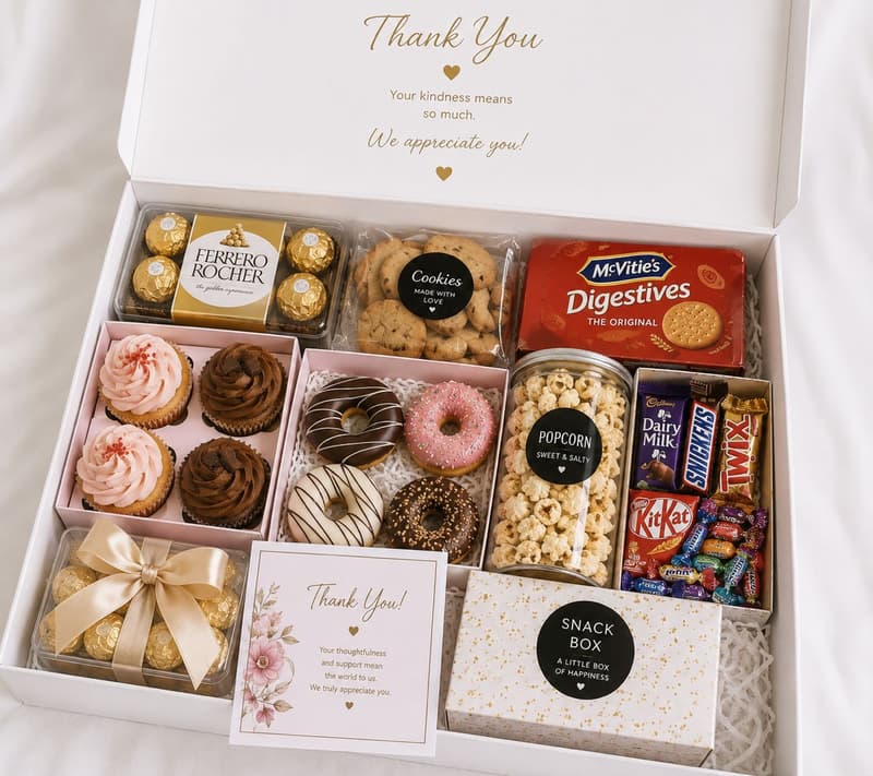 Treat box with chocolates, cookies, biscuits, popcorn, cupcake, donuts and customized card