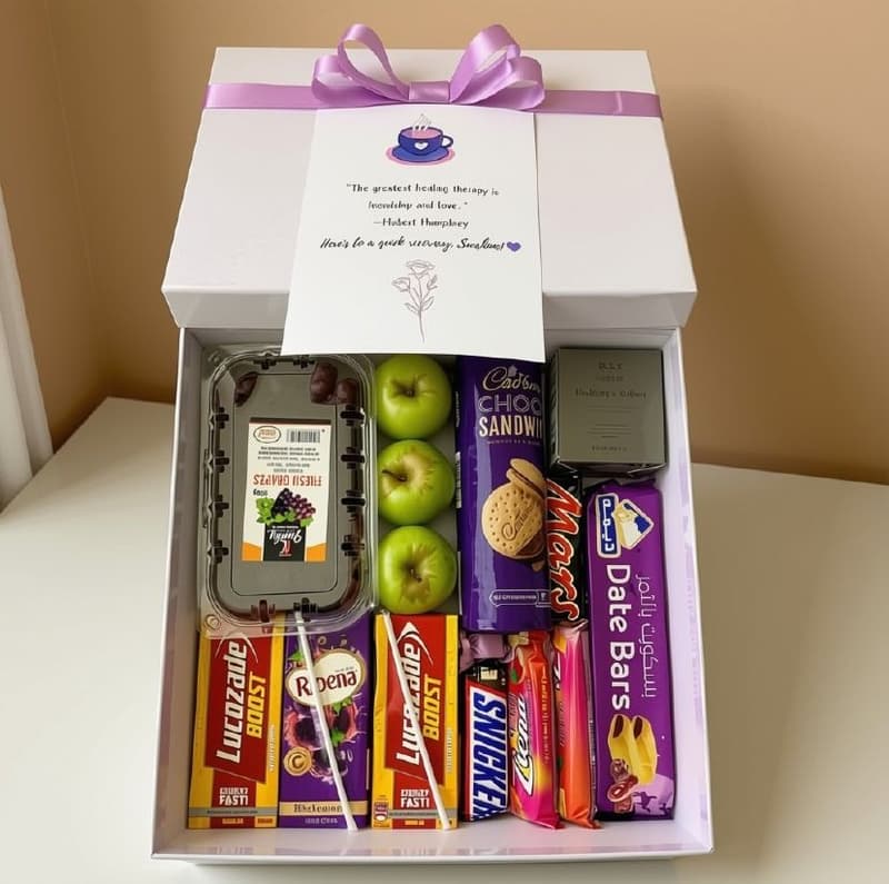 Gift box with fruits, juices, chocolates and cookies