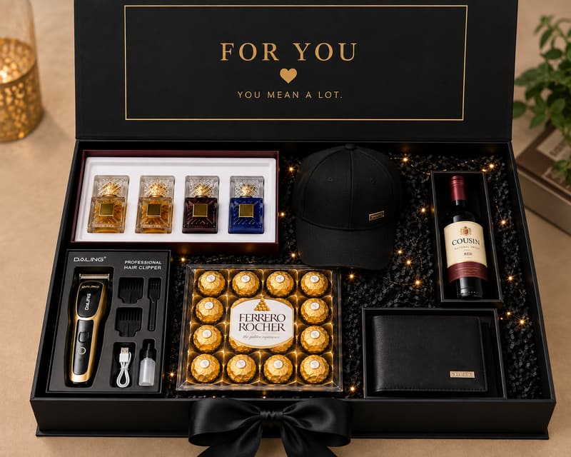 Gift set for him with cap, wallet, perfume set, clipper set, wine, chocolate and card in a customized decor box