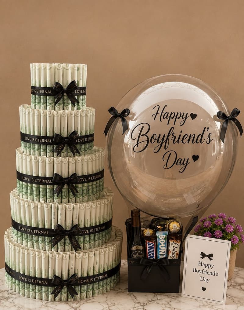 ₦100,000 money tower with hot air balloon treat box and customized theme card