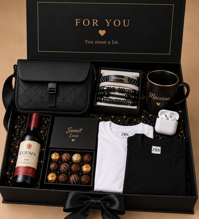 Gift set for him with crossbody bag, EarPods, two T-shirts, customized bracelet, customized mug, chocolate and wine