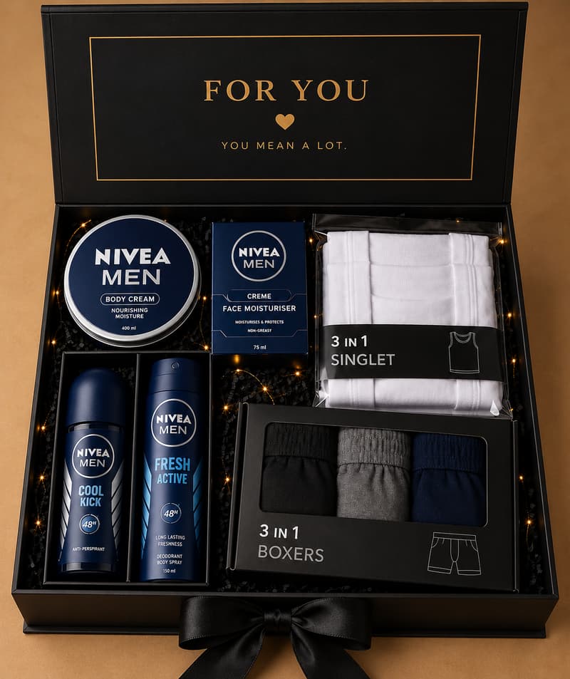 Gift set for him with Nivea body cream, face moisturizer, roll-on, body spray, 3-in-1 singlet and 3-in-1 boxers