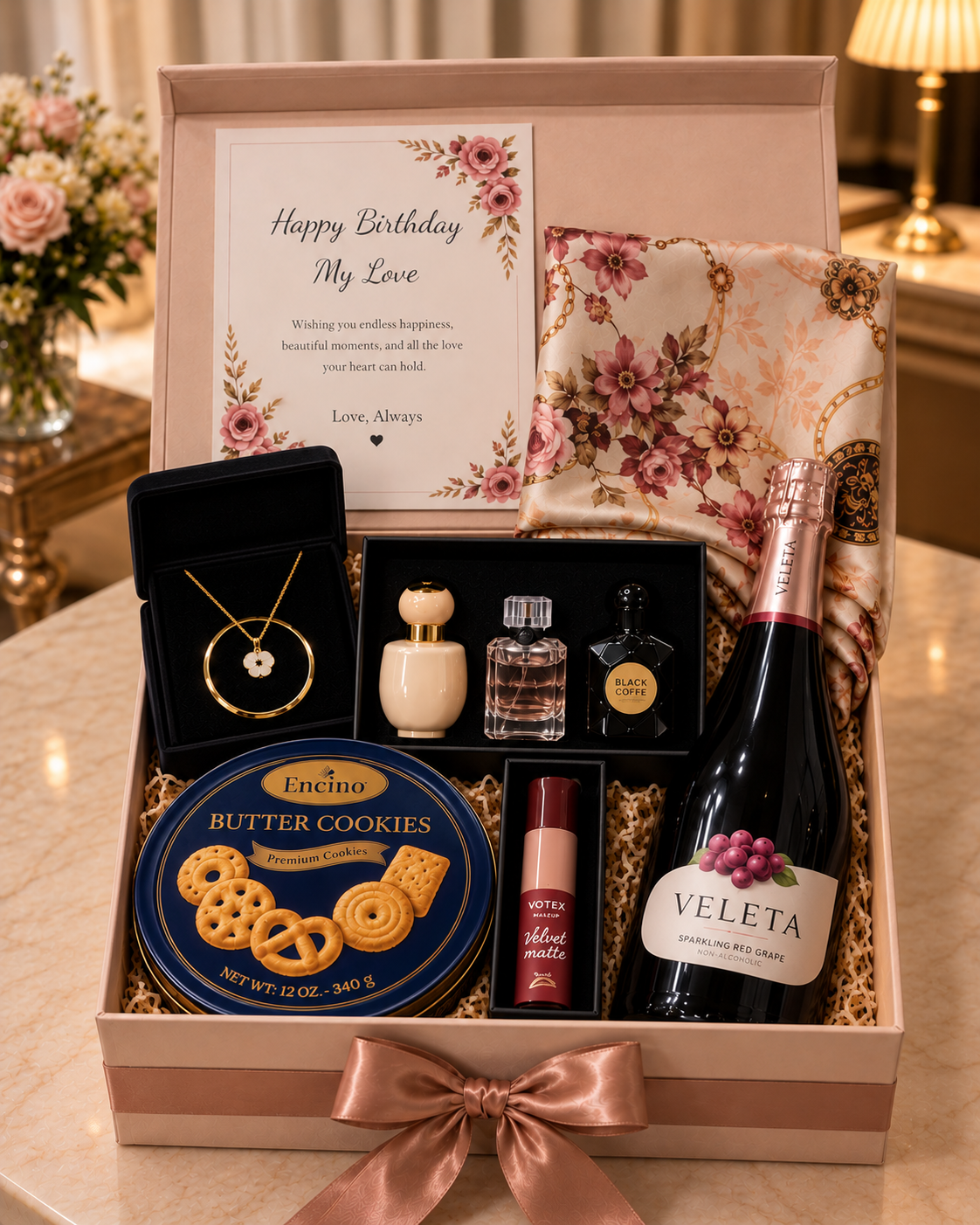 Trelluna For Her gift box with jewelry set, perfume, cookies, vintage scarf, sparkling drink, lip gloss and decor box