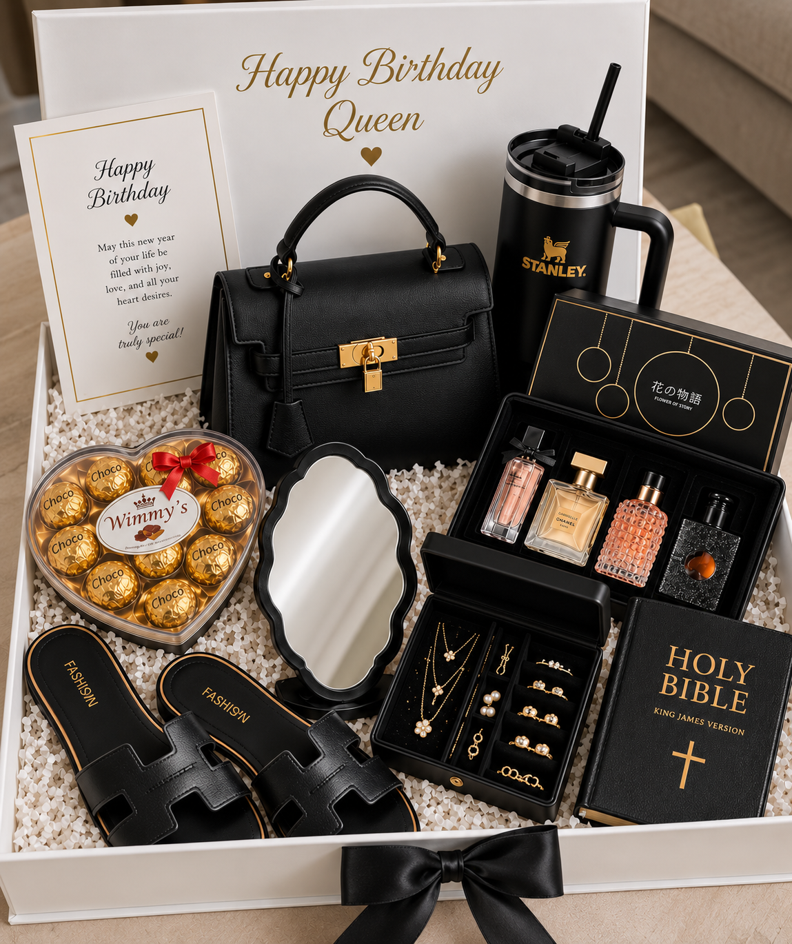 Gift set for her with Bible, aesthetic mirror, fashion handbag, slippers, Stanley sippy cup, perfume, jewelry organizer, chocolate and decor box